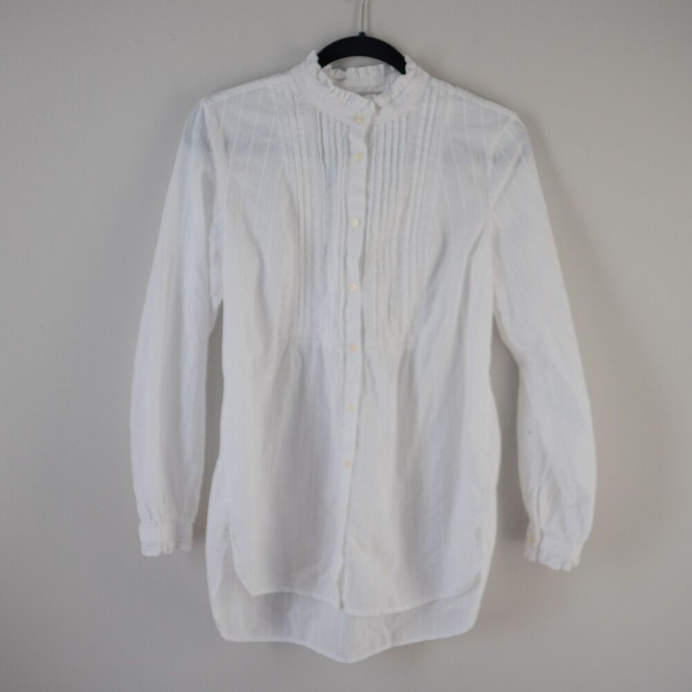 White Button Down High Collar Coquette Regency Cottage Dressy Women's Top - Picture 8 of 9